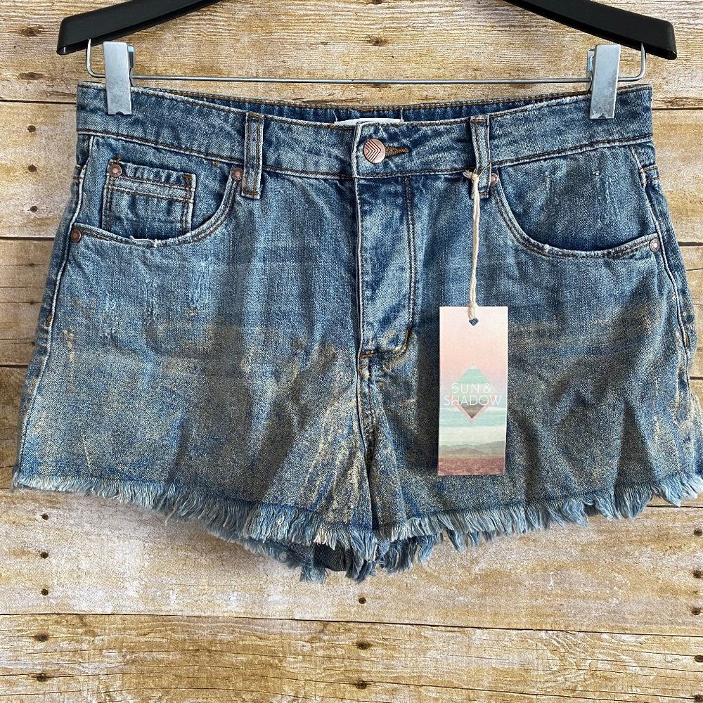 NWT Sun & Shadow Denim Gold Fringe Jean Shorts 29